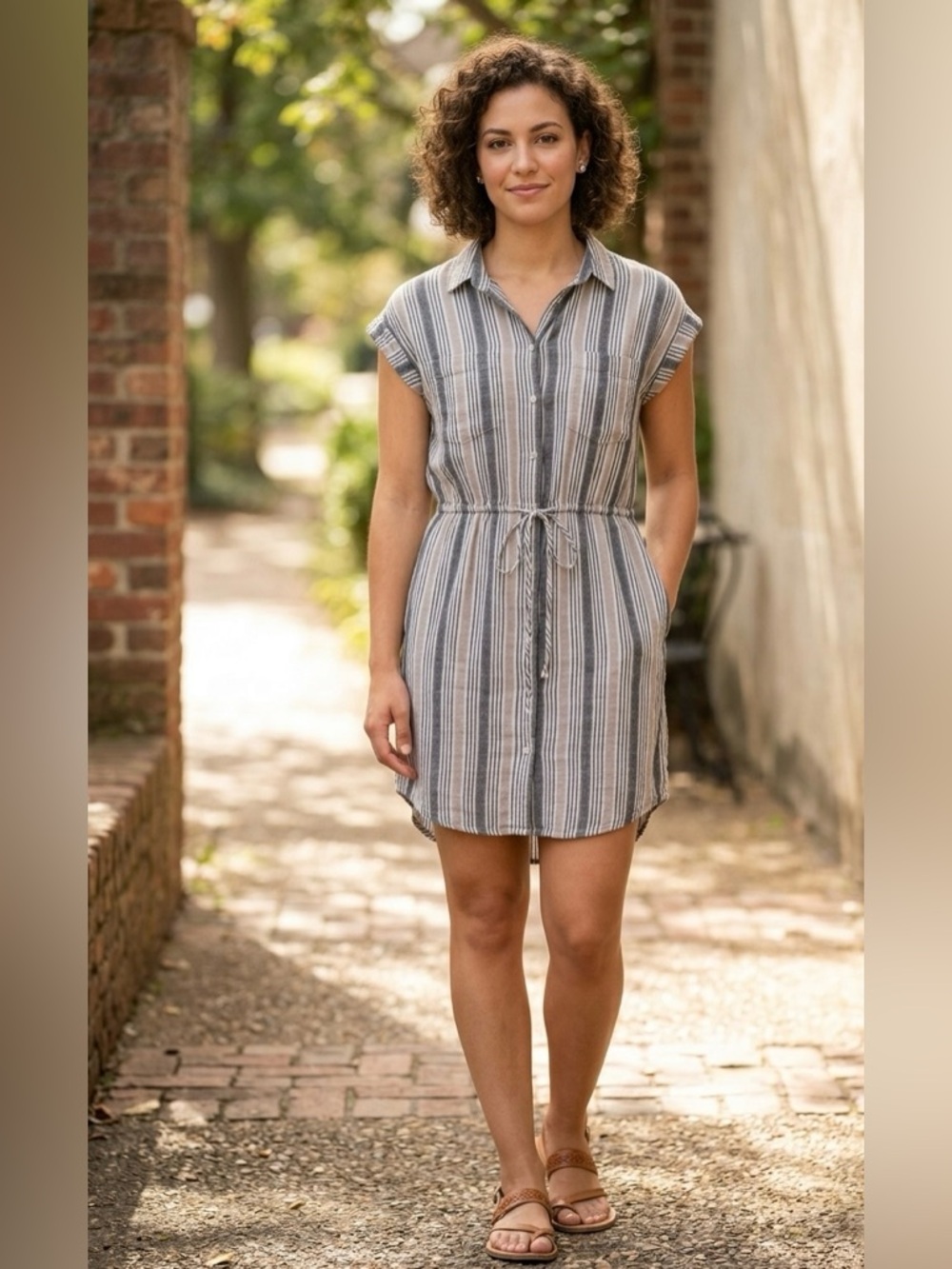 Striped Button-Front Shirt Dress size Small
